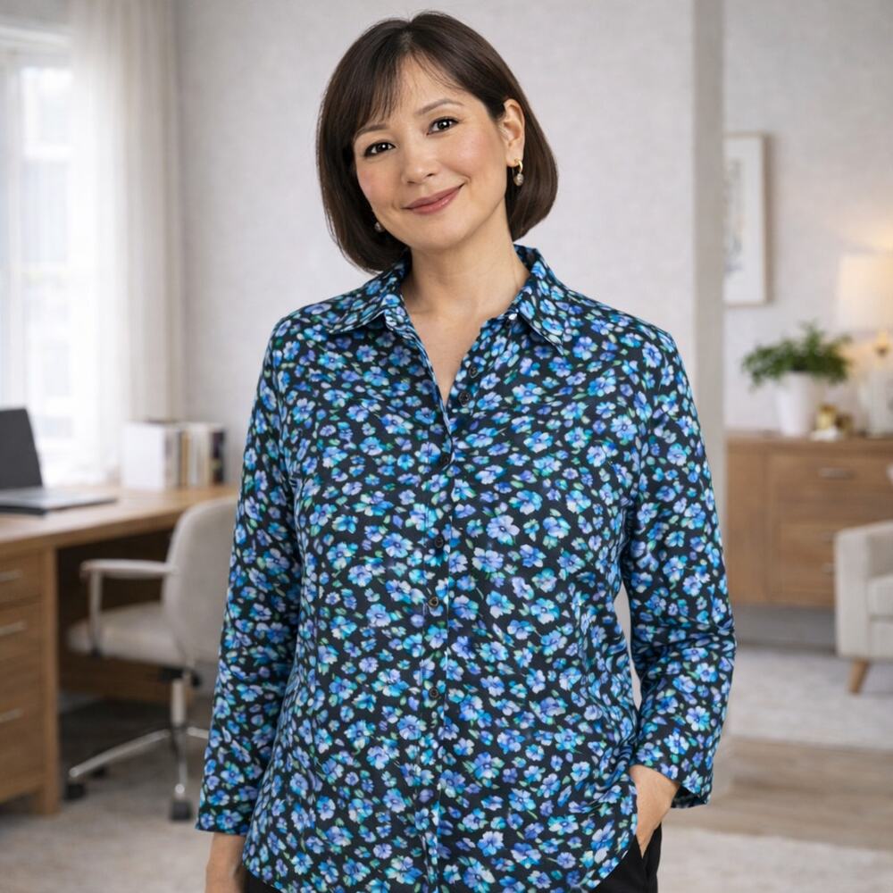 C22 Vintage Diversity Essentials Blue Floral Long Sleeve Blouse 10P